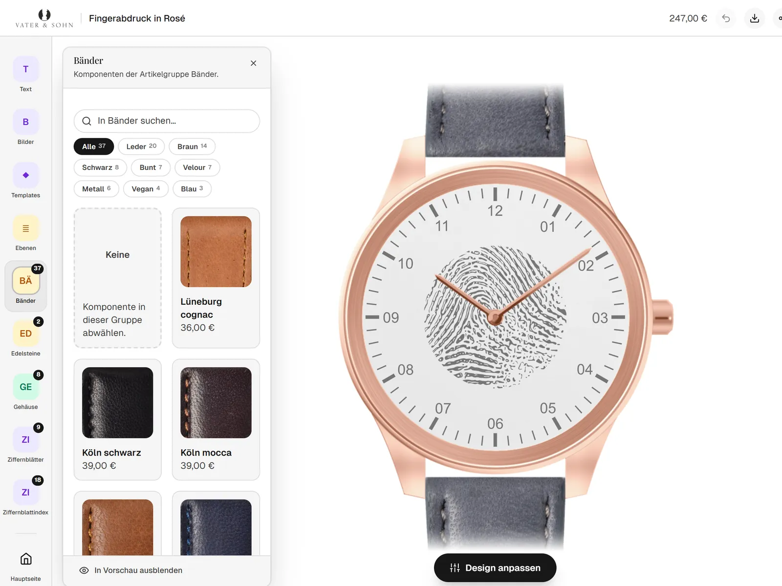 Konfigurator mit geöffneter Armbandauswahl neben einer roségoldfarbenen Uhr mit Fingerabdruck