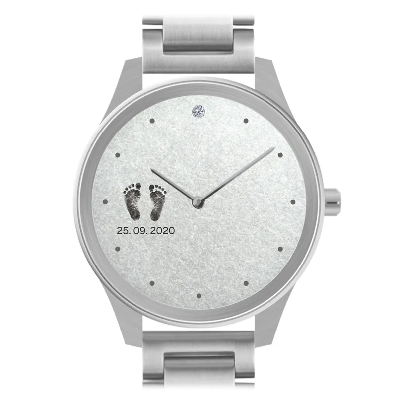 Vater & Sohn Uhr: Babyfüße mit Datum (Mit Brillant, Metallband)