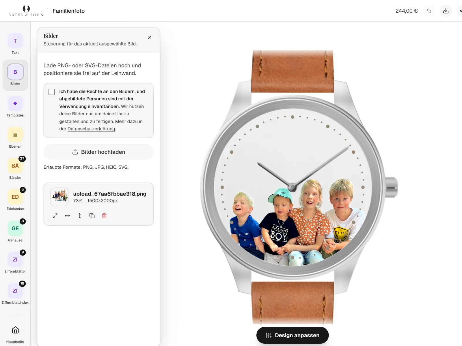 Konfigurator mit geöffnetem Bilder-Bereich: Familienfoto auf dem Zifferblatt einer silbernen Uhr