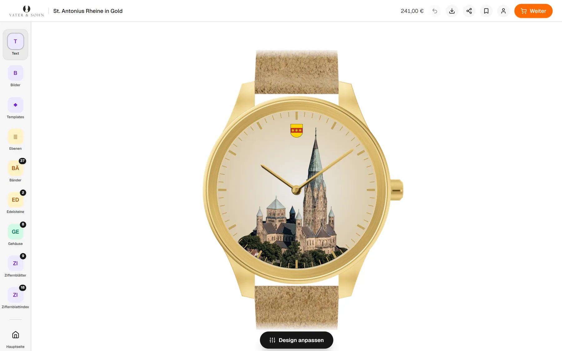 Der Vater & Sohn Konfigurator: links die Bausteine Text, Bilder, Templates, Bänder, Gehäuse und Zifferblätter, in der Mitte die Live-Vorschau einer goldfarbenen Uhr mit der Basilika St. Antonius und dem Rheiner Wappen