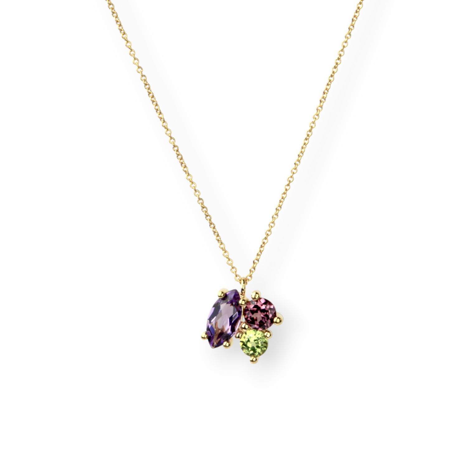 Schmidt Damen Halskette 750 Gold mit Amethyst, Peridot & Rhodolit, 42+3cm