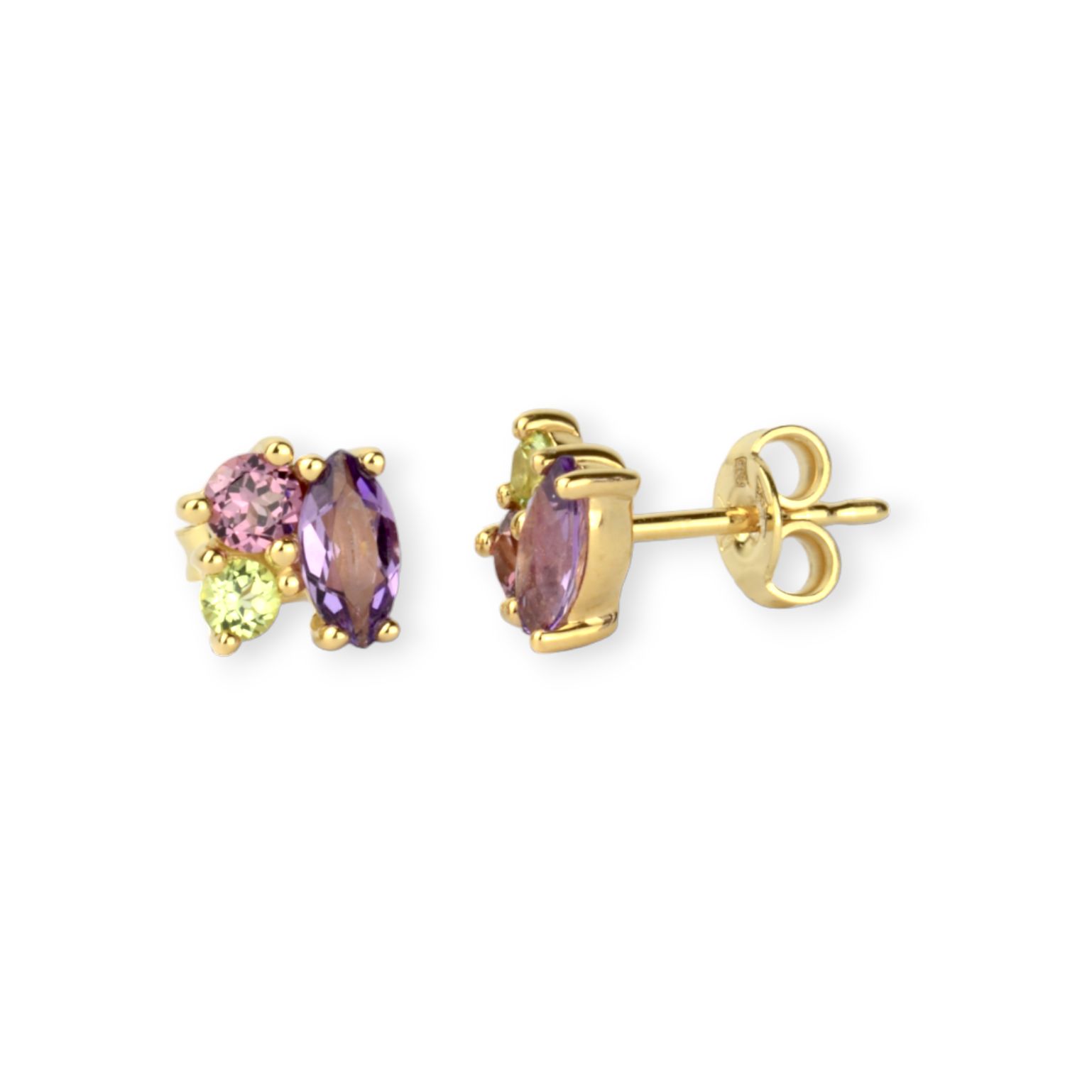 Schmidt Ohrstecker für Damen: 750er Gold mit Amethyst, Peridot & Rhodolit, 6,8mm