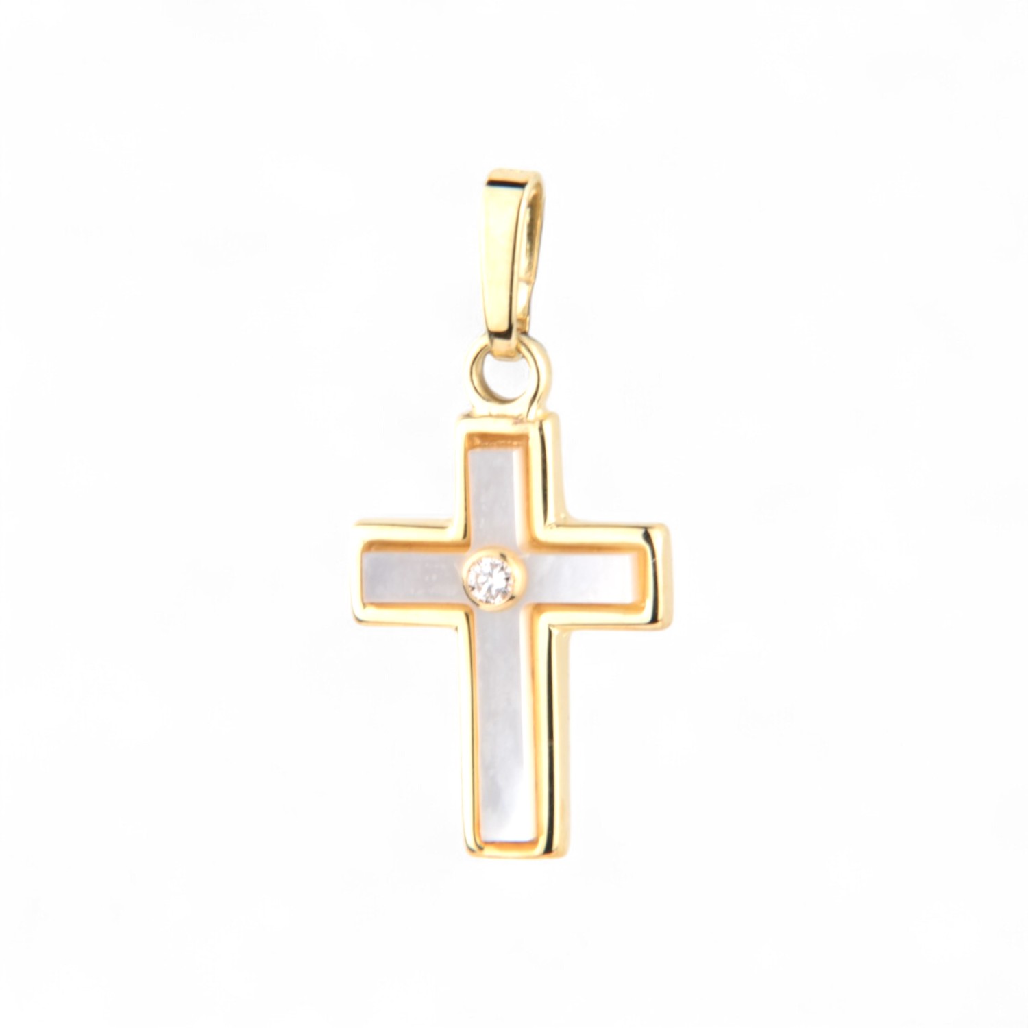 Schmidt Kreuz Anhänger 333 Gold, Perlmutt & Zirkonia, 13x9,5mm – Gold & Weiß