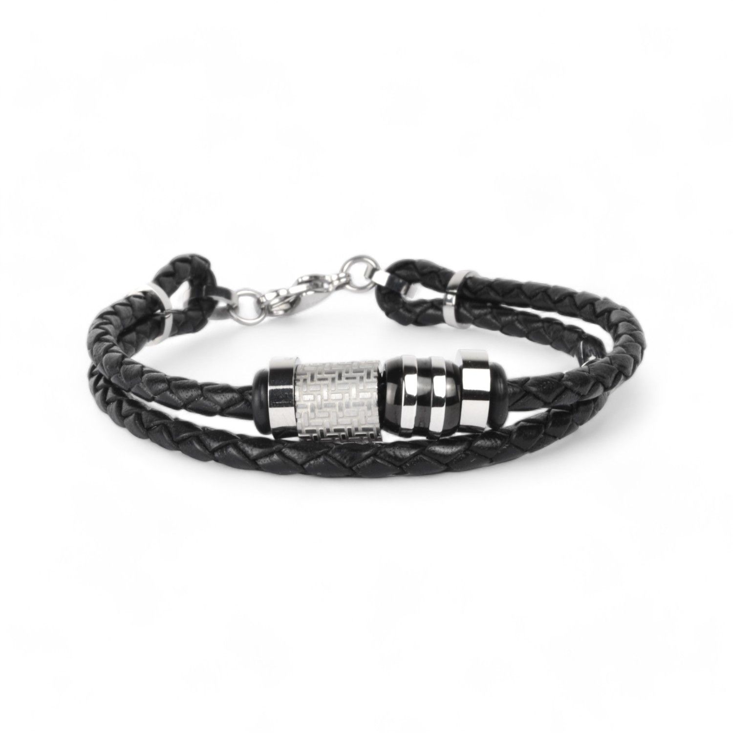 Schmidt Lederarmband für Herren, Edelstahl schwarz-silber, 21cm Armschmuck
