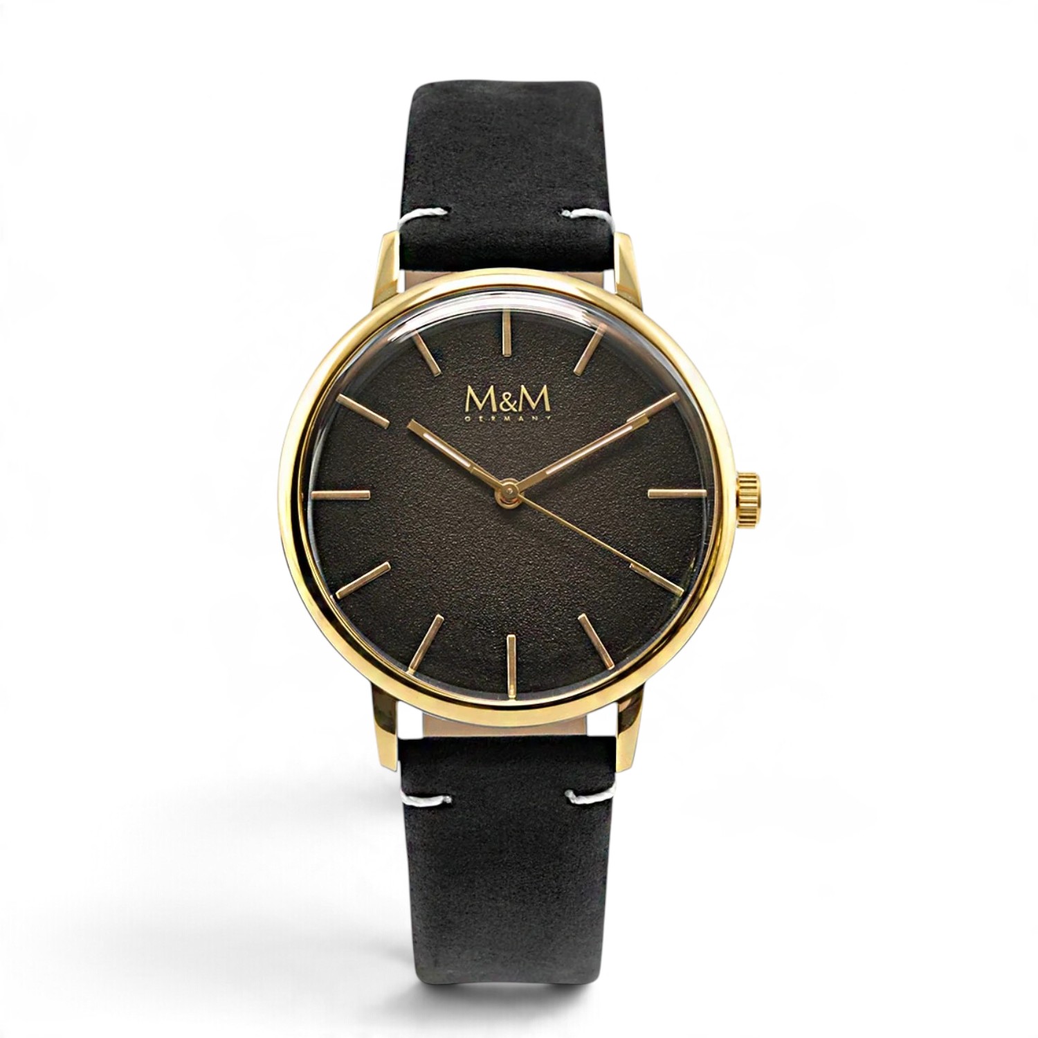 M&M Armbanduhr New Classic 38 mm, Lederband schwarz, Edelstahl/Gold, Quarz – Damen & Herren