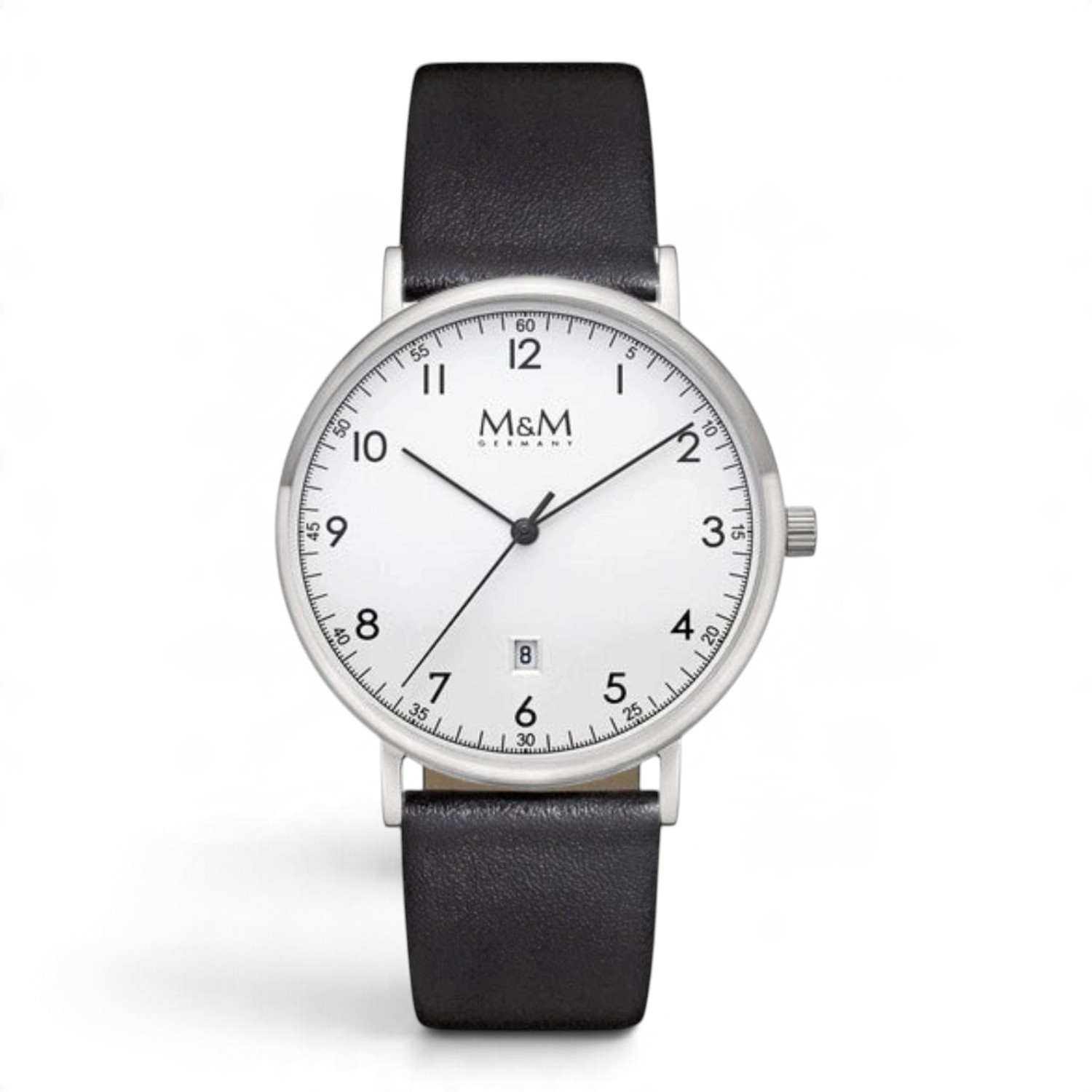 M&M Armbanduhr Basic Line 40 – Edelstahl silberfarben, schwarzes Lederband, Quarz, 40 mm
