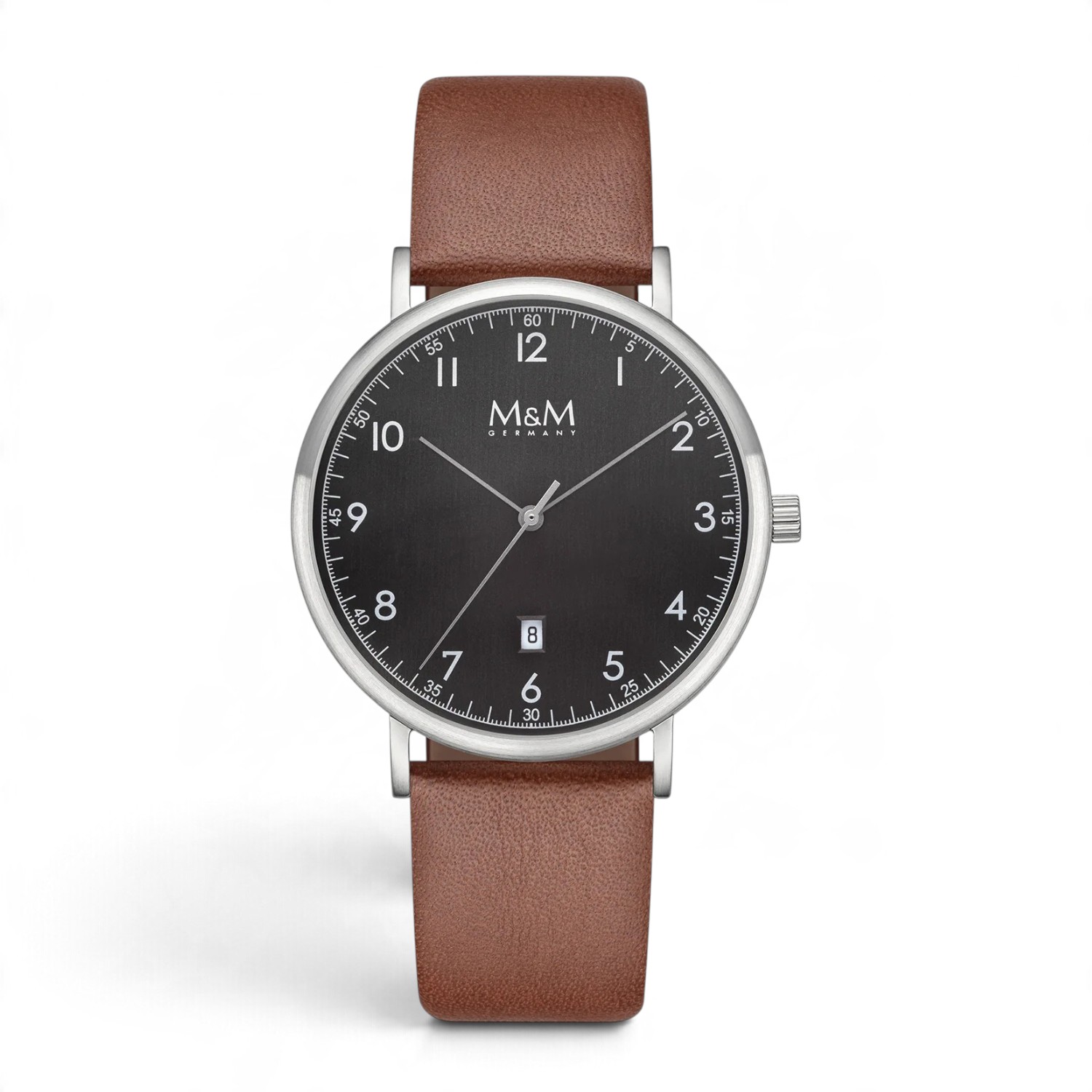 M&M Armbanduhr Basic Line 40 – Edelstahl silberfarben mit Lederarmband, Quarz-Analog, 3 Bar