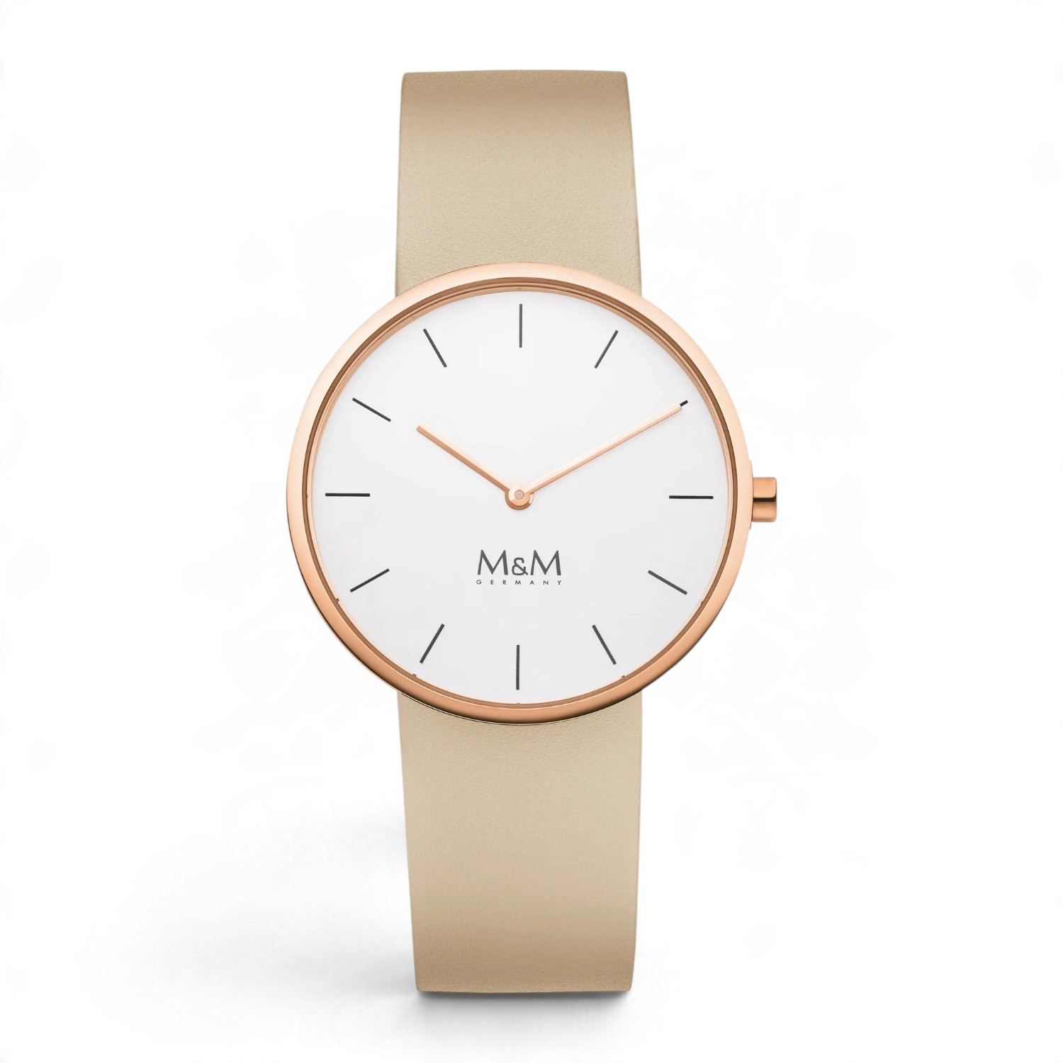 M&M Armbanduhr Circle Line Damen 34 mm – Lederarmband rot, Edelstahlgehäuse roségoldfarben, Quarz