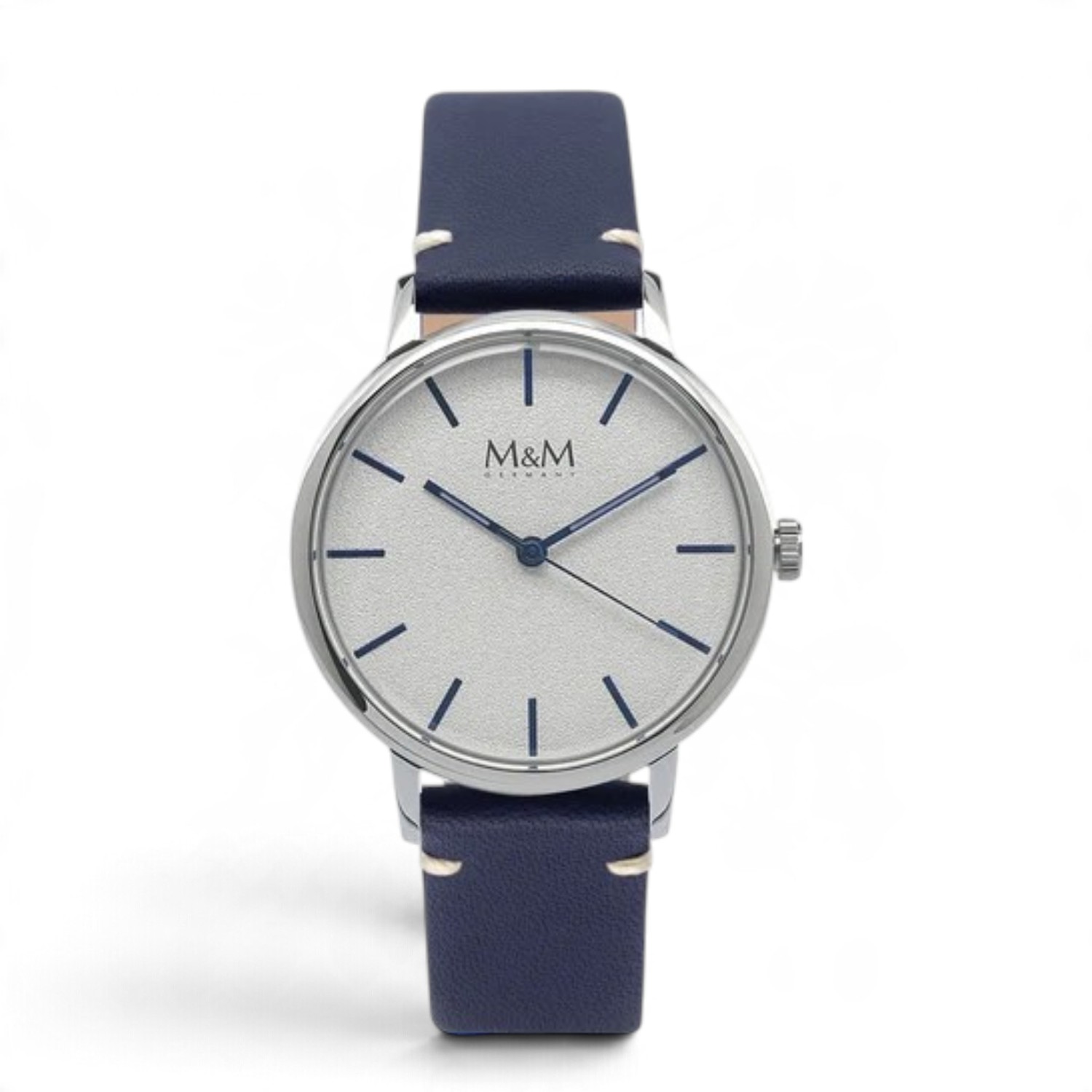 M&M Armbanduhr New Classic – 38 mm Edelstahl, Lederarmband blau, Quarz-Analog, 3 Bar