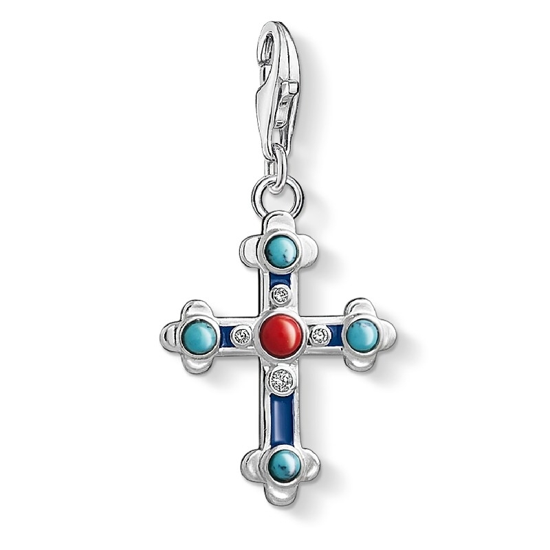 Thomas Sabo Charm-Anhänger Ethno Kreuz für Damen, silber mit blau und rot