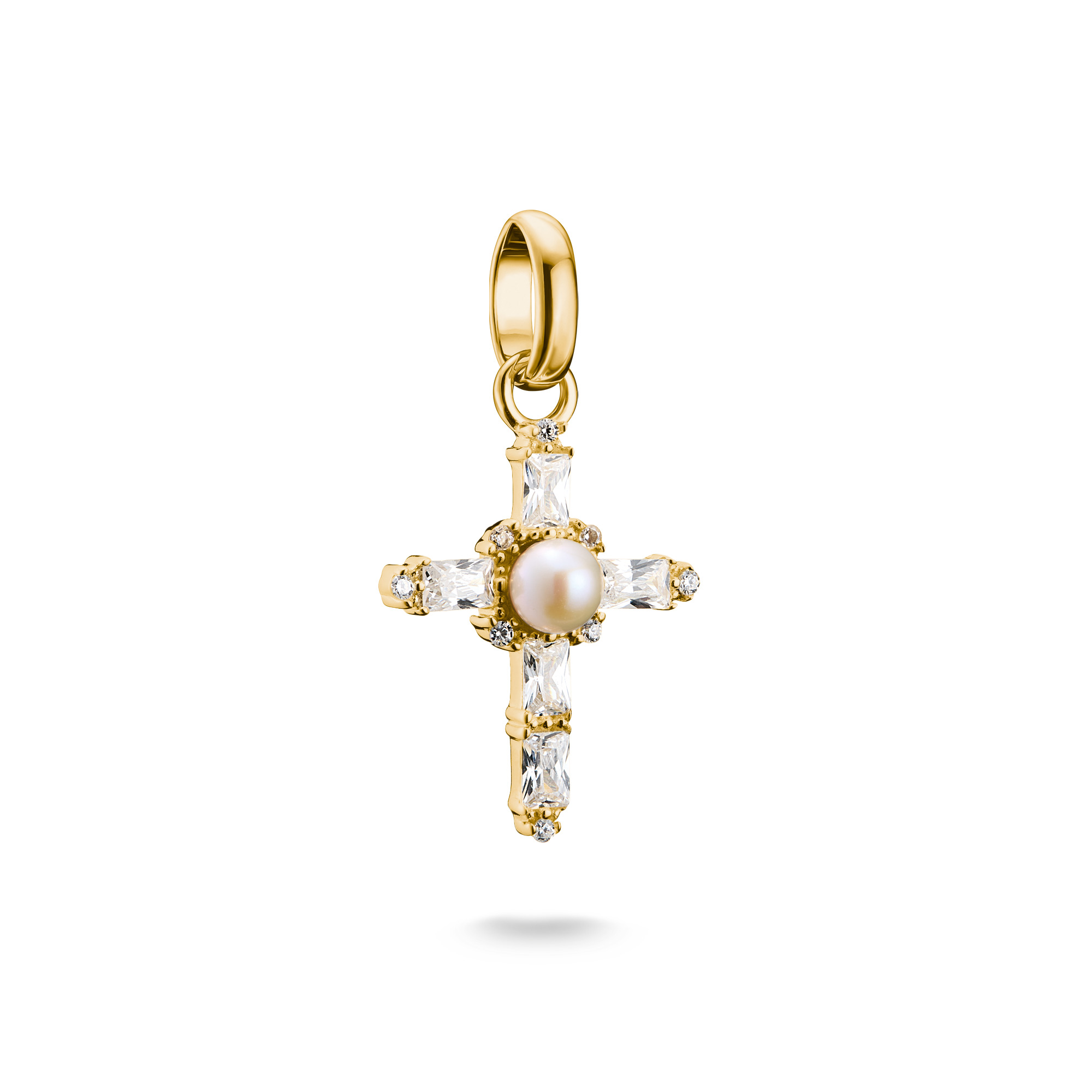 Thomas Sabo Charm Anhänger Vintage-Kreuz, 925 Silber vergoldet, Zirkonia, 25x13mm