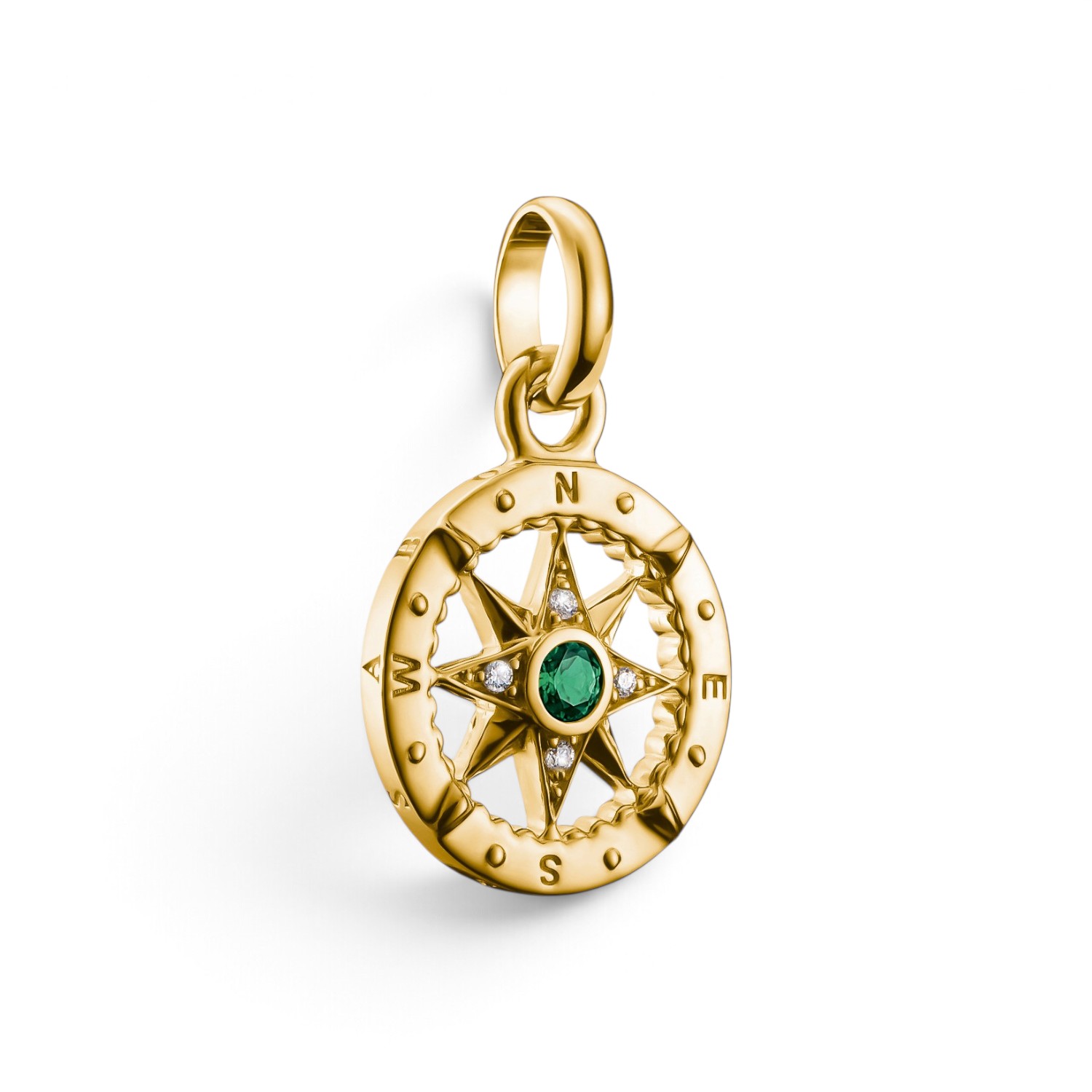 Thomas Sabo Charm Anhänger Kompass mit grünem Stein, 18k vergoldet, Zirkonia, 13,5x21 mm