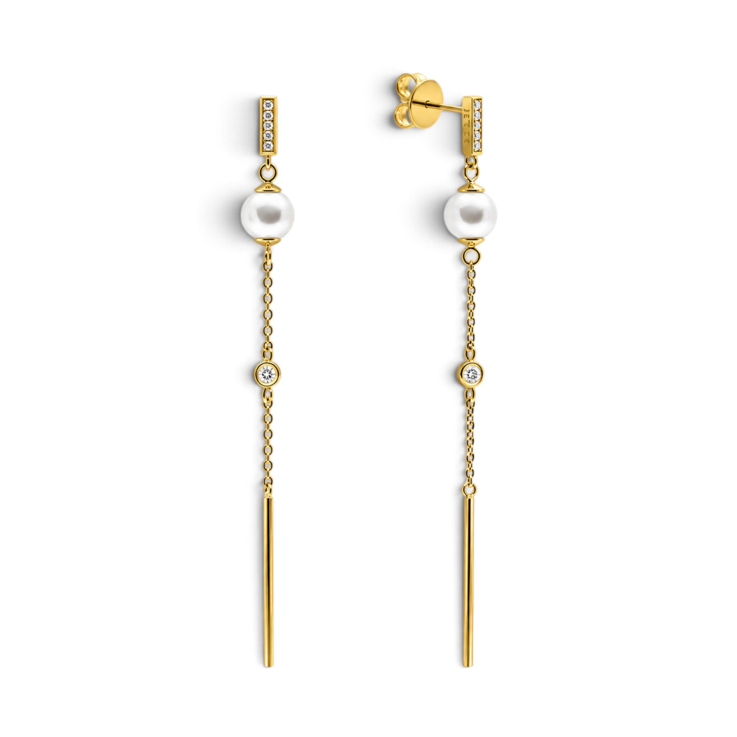 JETTE Ohrhänger PEARL Damen – 925 Silber gelb vergoldet mit Zirkonia, goldfarben/weiß, 7 cm