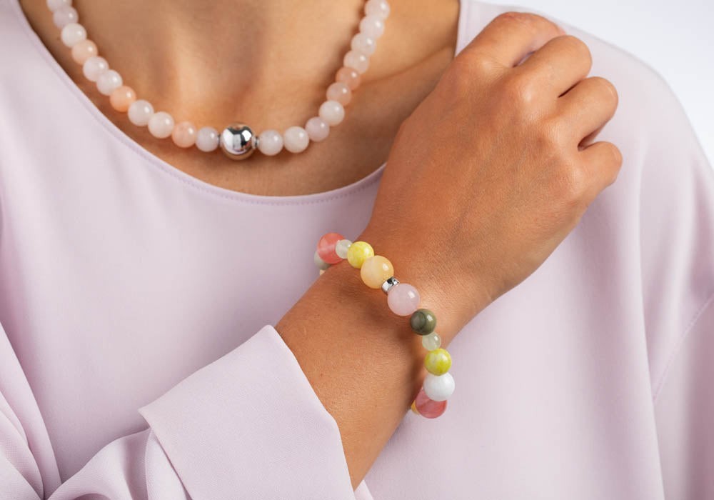 Heide Heinzendorff Perlenarmband Damen 12 mm mit Rosenquarz, Jade, Jaspis und Prehnit in Rosa-Grün