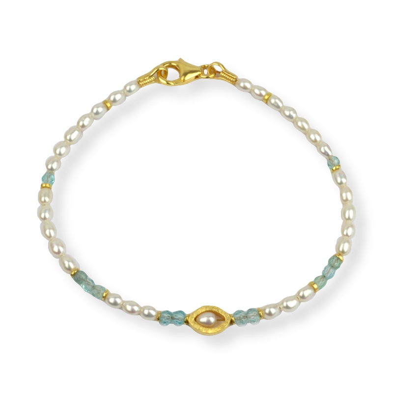 Schmidt Armband für Damen mit blauem Topas, Süßwasserperle, vergoldet 18,5cm
