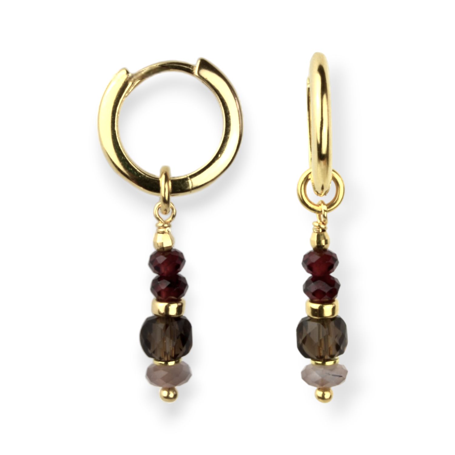 Schmidt Creolen für Damen, vergoldetes Silber, Mondstein, Granat & Rauchquarz, Ø14,7mm