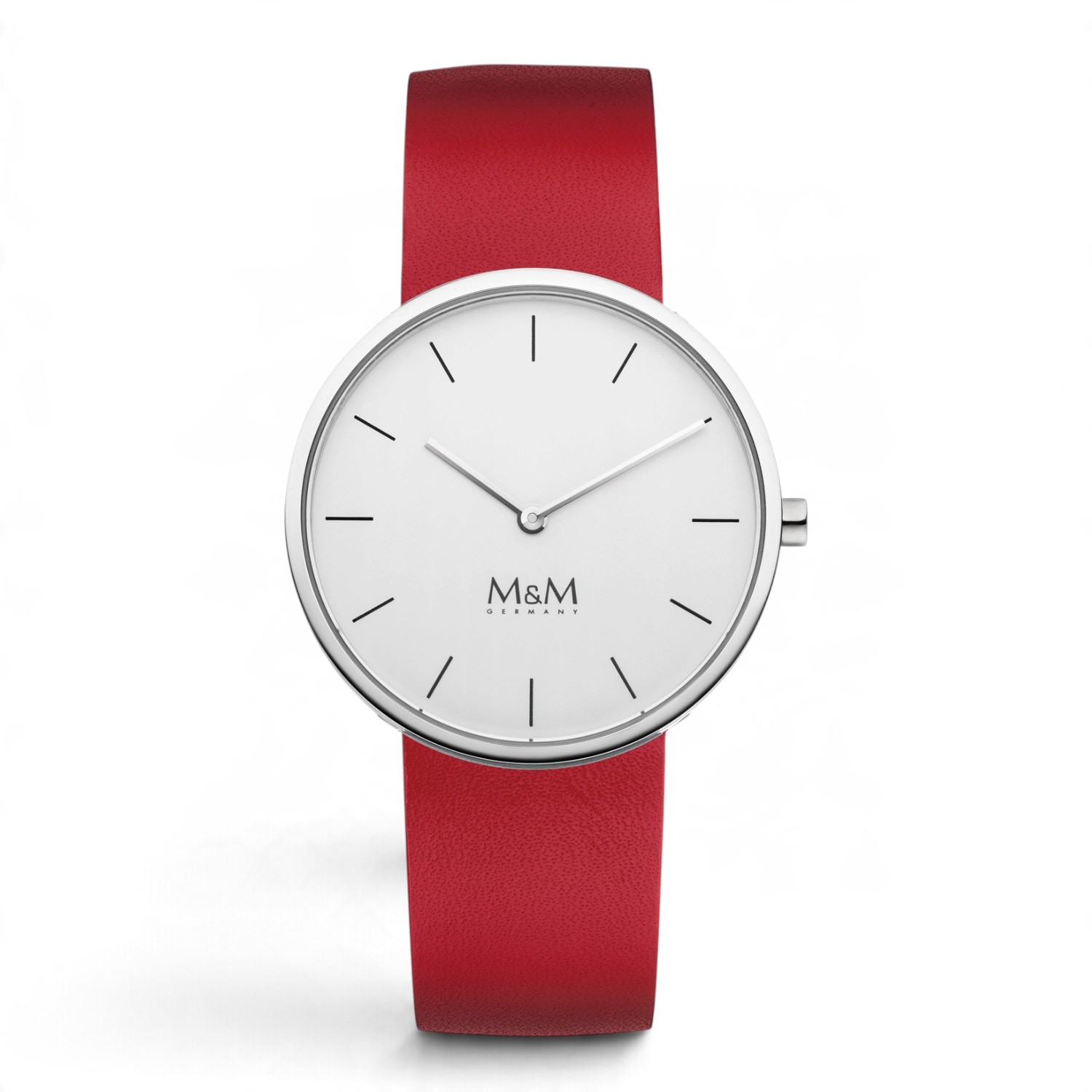 M&M Armbanduhr Circle Line Damen – Edelstahl silberfarben, rotes Lederarmband, 34 mm, Quarz