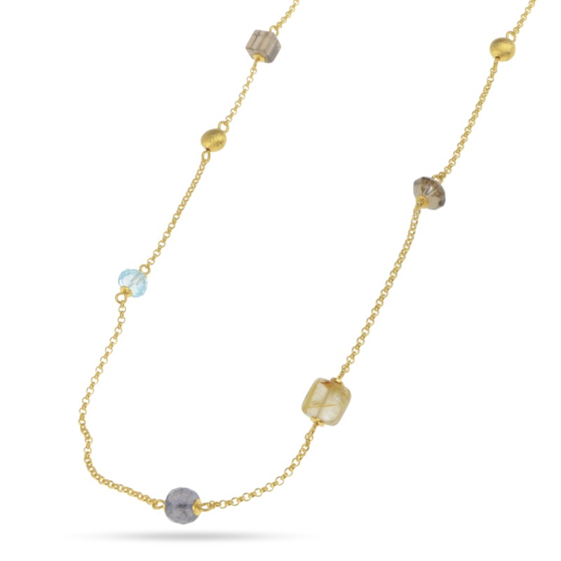 Schmidt Damen Kette 86cm, vergoldetes 925 Silber mit Edelsteinen in Gold, Blau, Braun