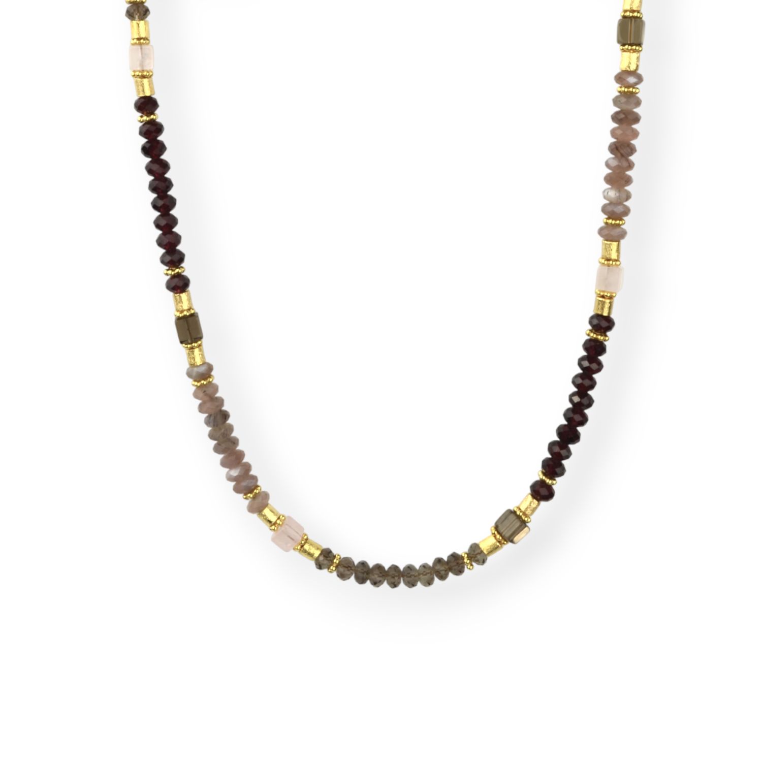 Schmidt Kette für Damen aus vergoldetem Silber mit Granat, Mondstein & Rauchquarz, 44cm