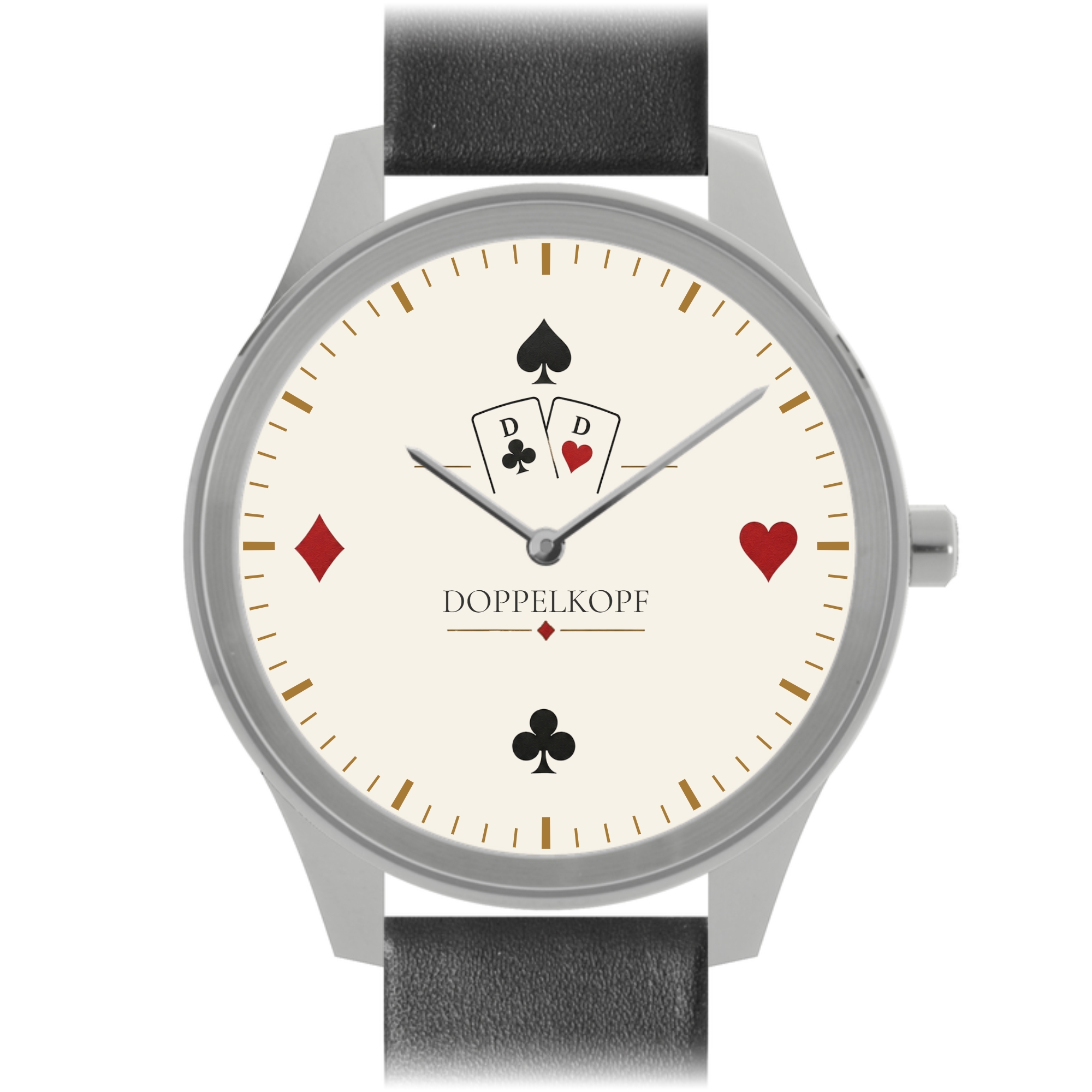 Vater & Sohn Kartenspieler Uhr Doppelkopf – Quarz-Armbanduhr 38 mm, Edelstahl, Lederband, 5 Bar