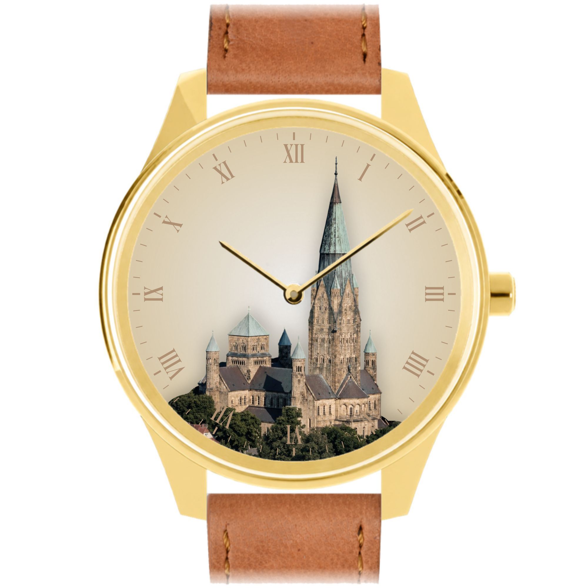 Vater & Sohn Stadtuhr Rheine mit Basilika – Armbanduhr 38 mm, goldfarben, Lederarmband braun